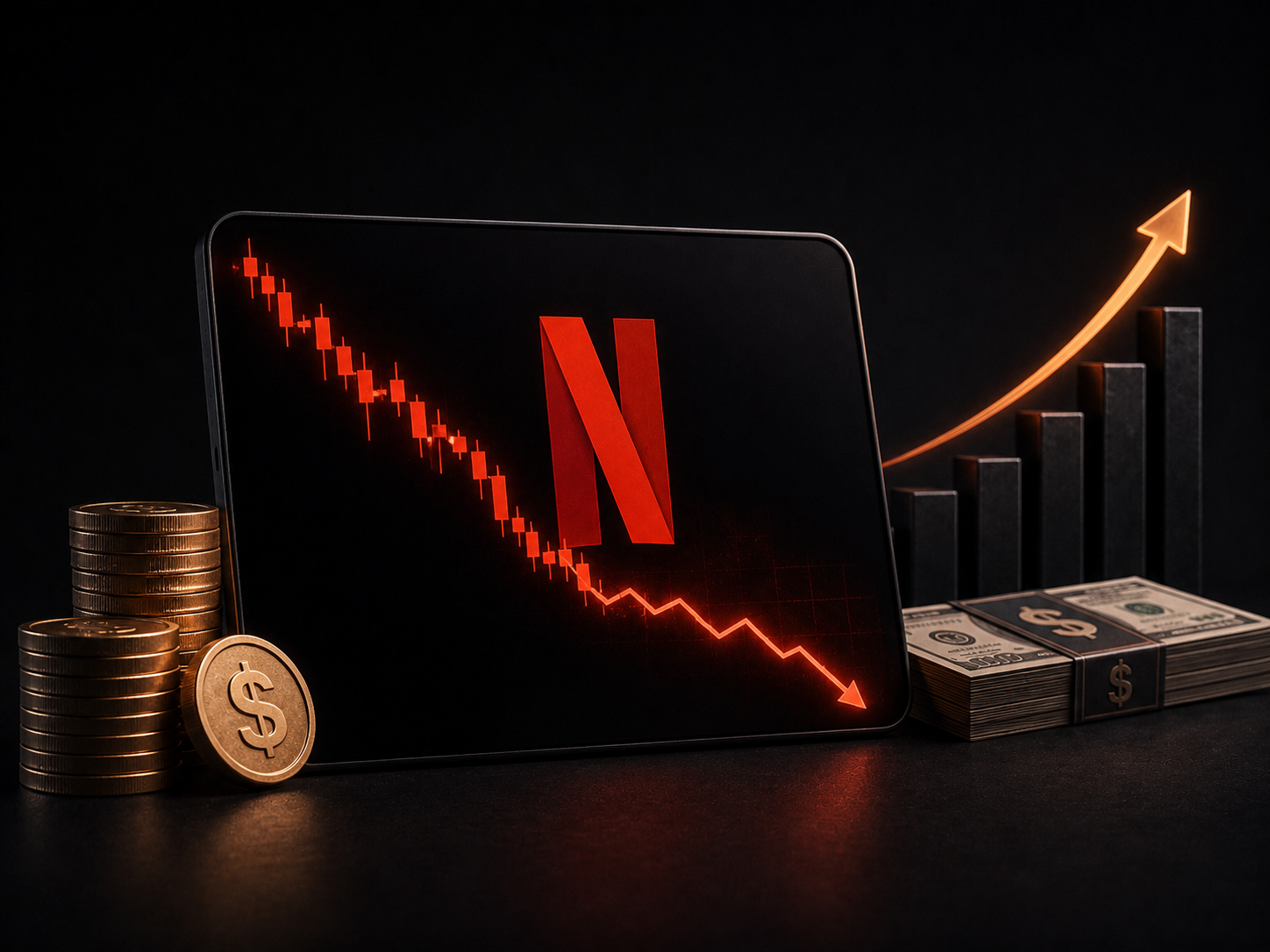 Tableta con el logo de Netflix mostrando una gráfica de acciones en caída, junto a monedas de dólar y fajos de billetes con una flecha ascendente al fondo.