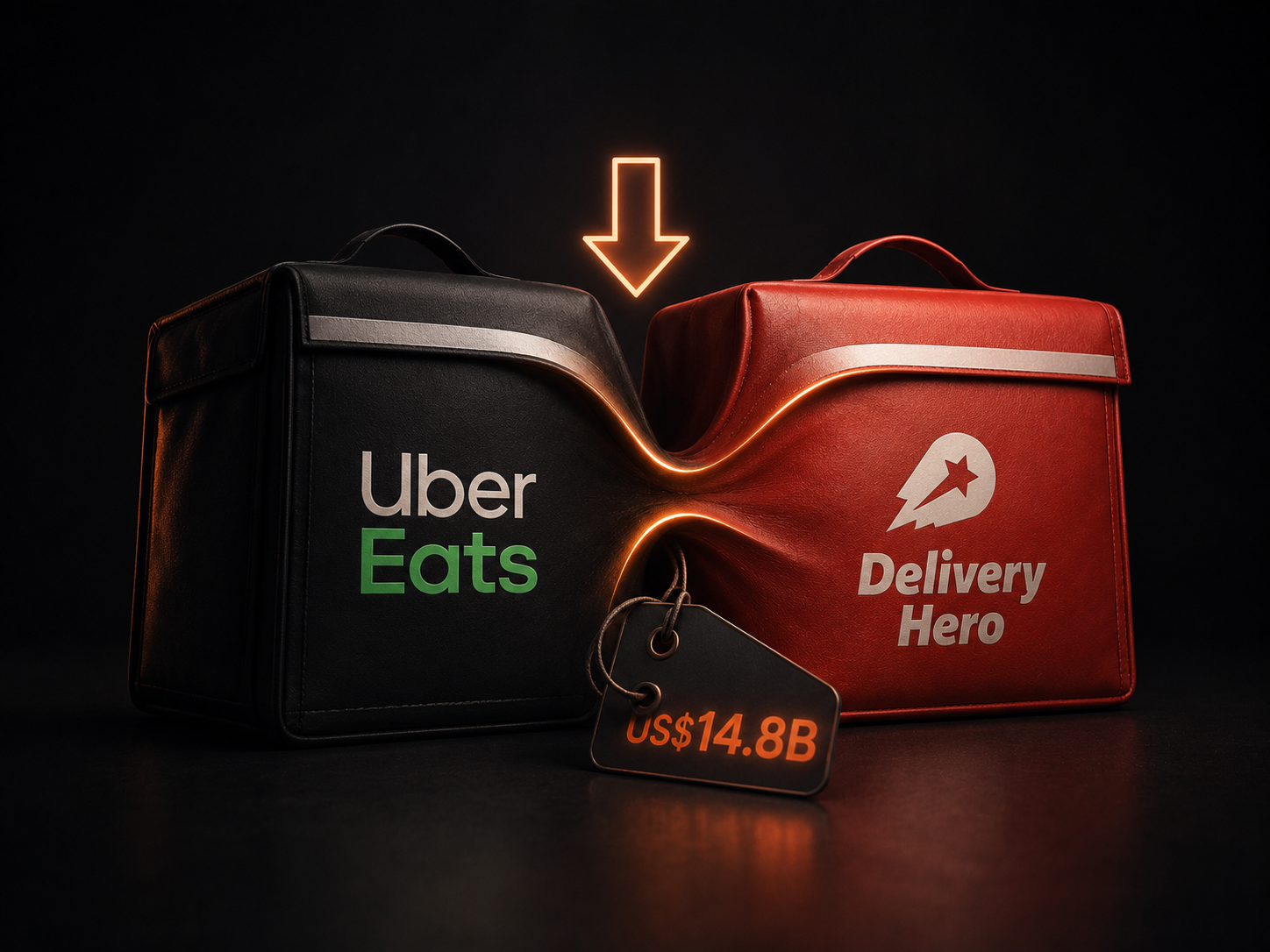 Dos bolsas térmicas de reparto —una negra de Uber Eats y una roja de Delivery Hero— fusionándose bajo una flecha luminosa naranja, con una etiqueta que dice US$14.8B.