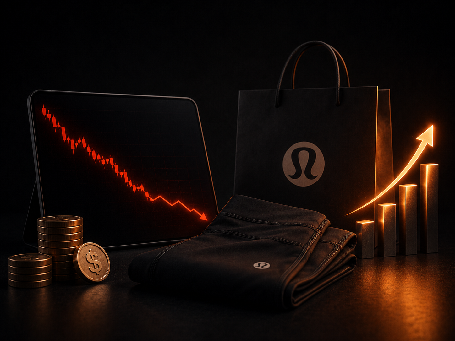 Tableta con una gráfica de velas roja en caída junto a leggings doblados y una bolsa negra con el logo de Lululemon, y barras ascendentes iluminadas al fondo.