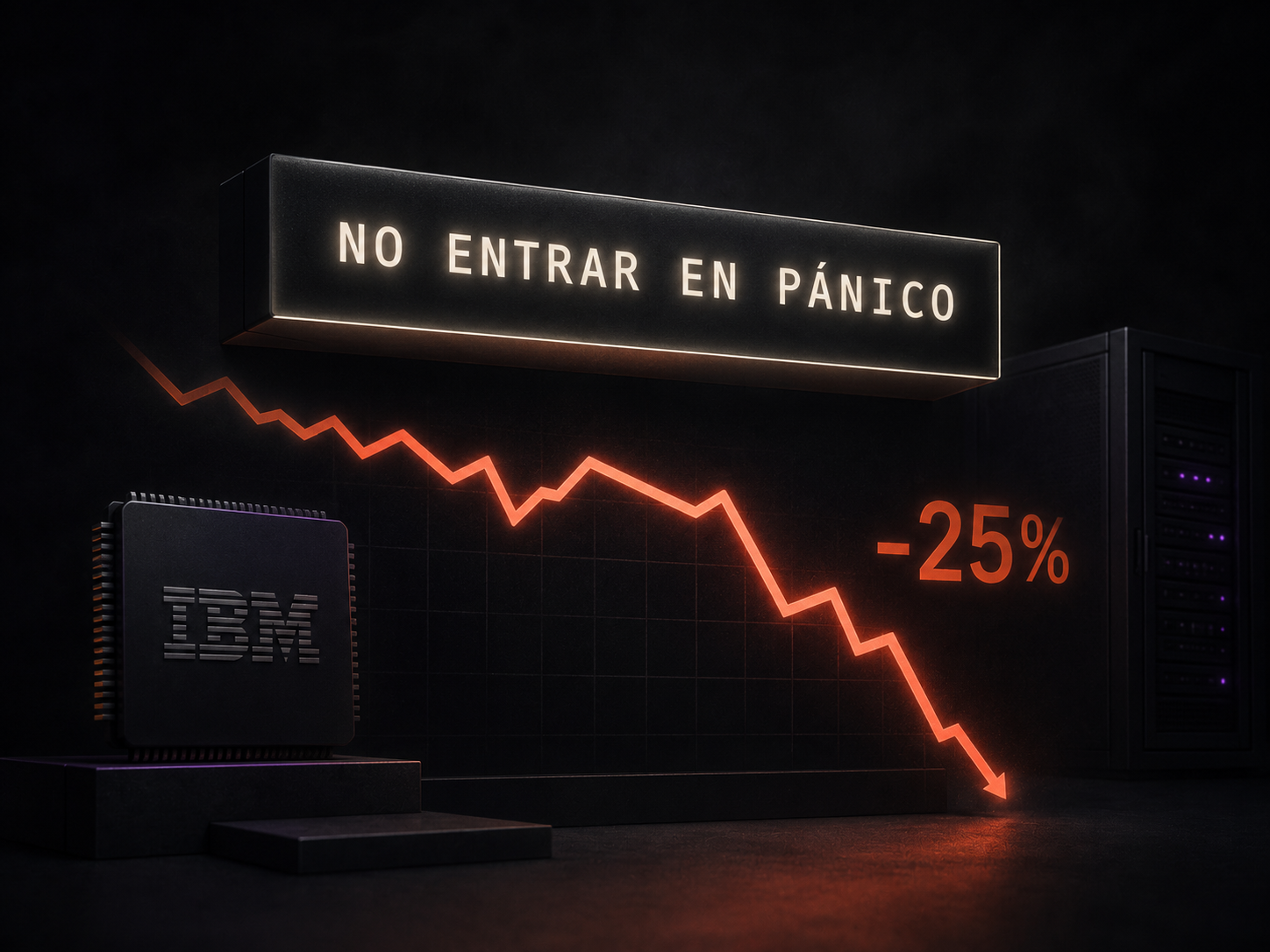 Un letrero luminoso que dice “No entrar en pánico” sobre una línea de mercado que cae abruptamente con la etiqueta -25% y un chip con el logo de IBM.