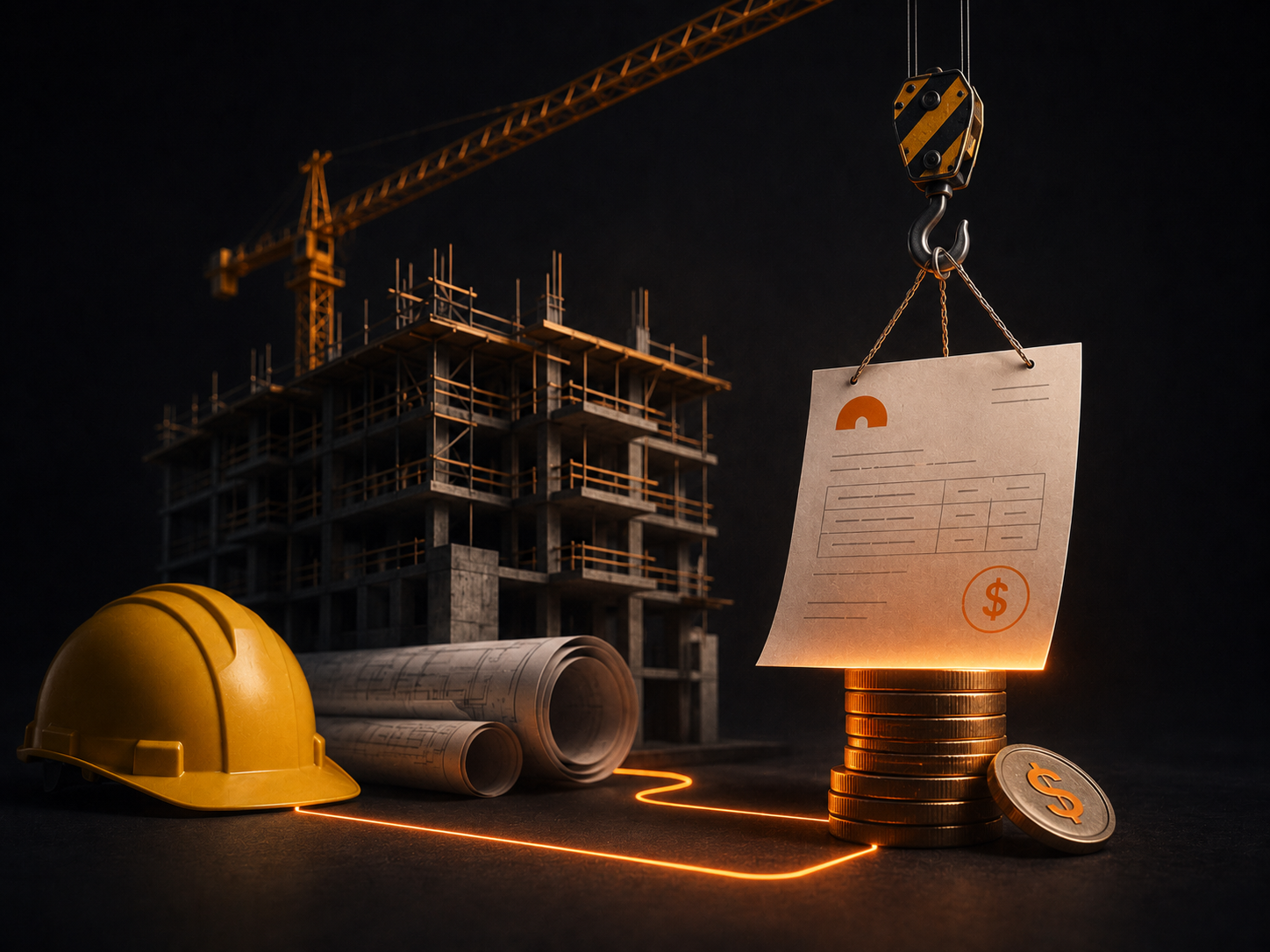 Obra en construcción con grúa y casco amarillo, junto a una factura colgando de un gancho sobre una pila de monedas doradas conectadas por una línea de luz naranja.