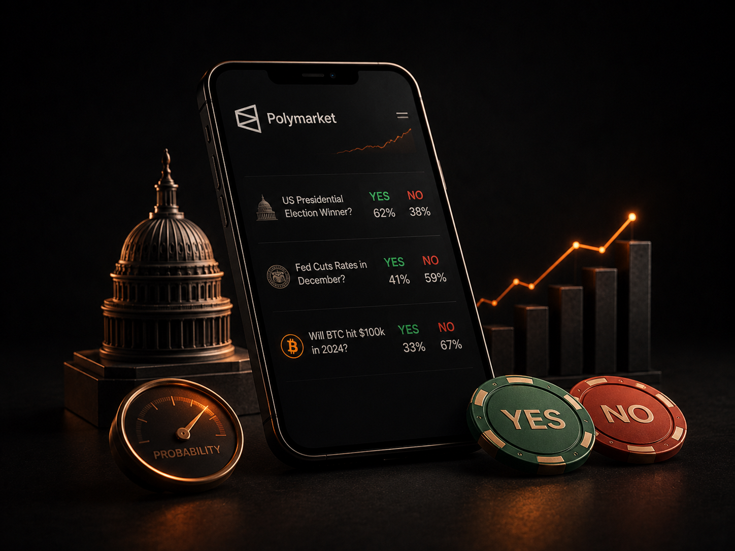 Teléfono mostrando la app de Polymarket con mercados de probabilidad en porcentajes, junto a fichas de casino que dicen YES y NO, un medidor de probabilidad y una cúpula del Capitolio.