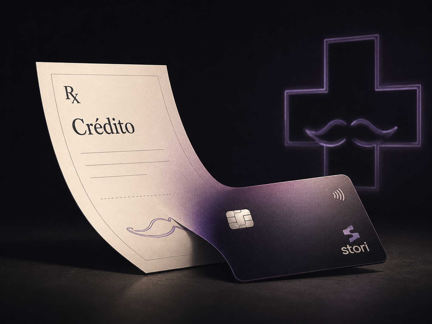 Receta médica que dice “Crédito” junto a una tarjeta oscura con el logo de Stori y una cruz de farmacia con bigote al fondo.