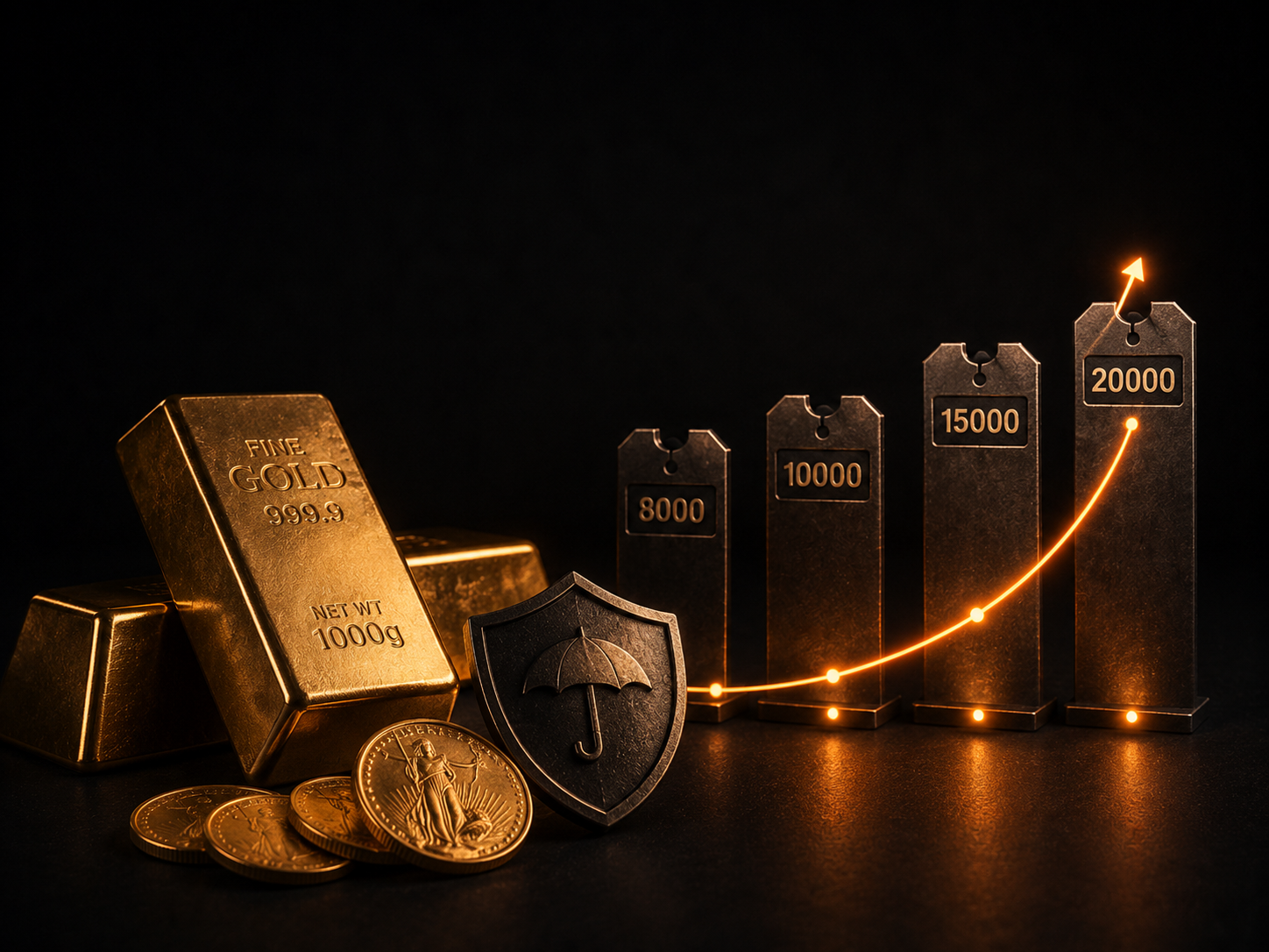 Lingotes y monedas de oro junto a etiquetas de precio de 8000, 10000, 15000 y 20000 con una curva luminosa ascendente y un escudo con paraguas de cobertura.