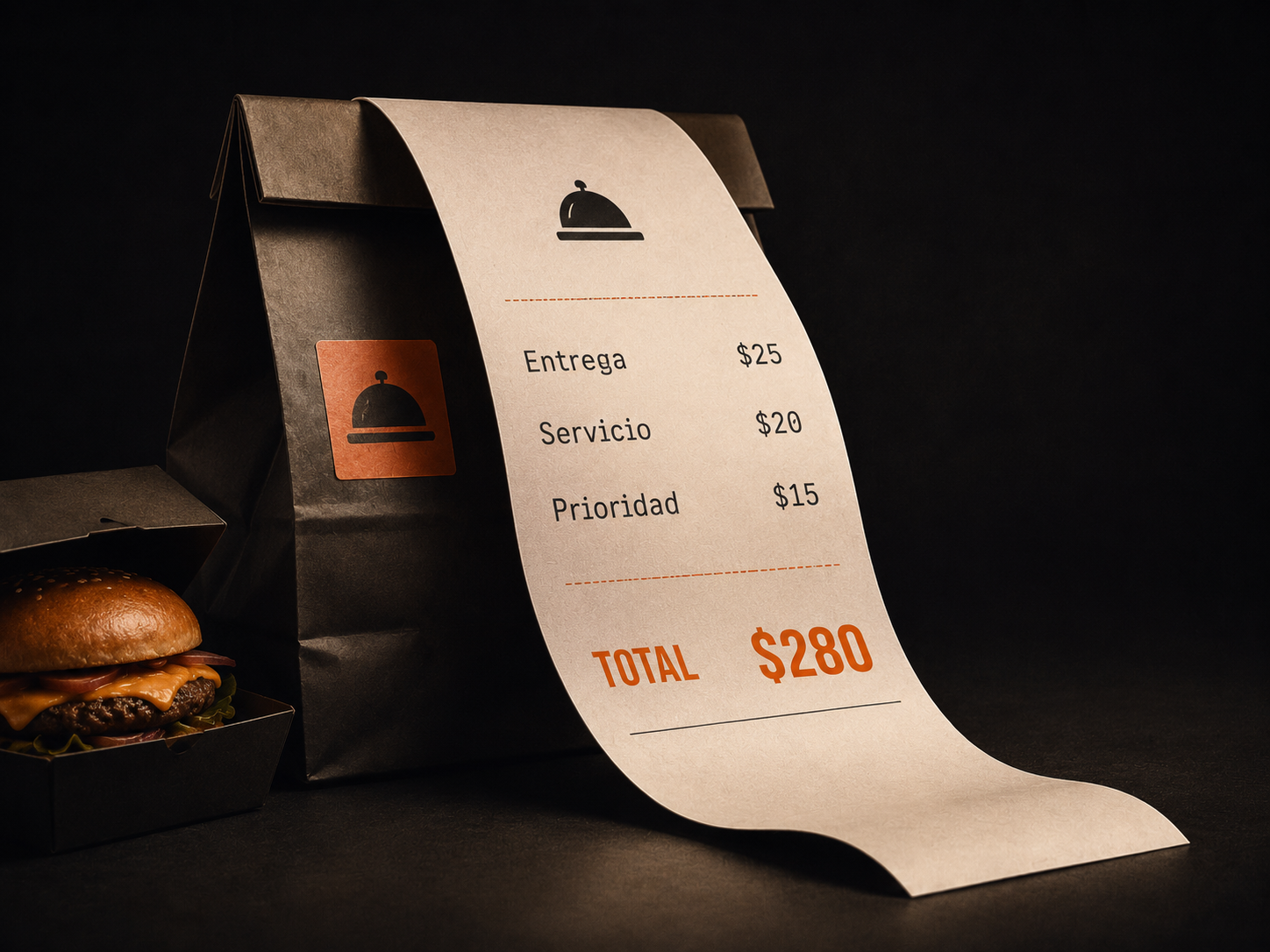 Bolsa de comida para llevar junto a un recibo largo con cargos por entrega, servicio y prioridad, y un total de $280 destacado en naranja.